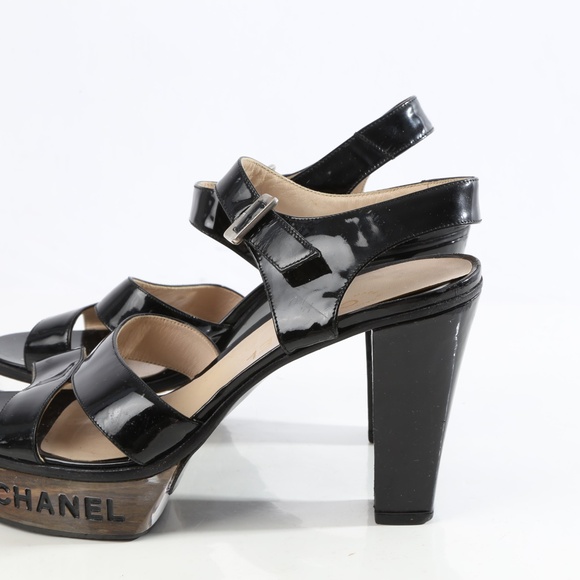 Chanel Vintage Black Logo Lucite Led  Platform SandalsPatent Leather Heels - Picture 7 of 14